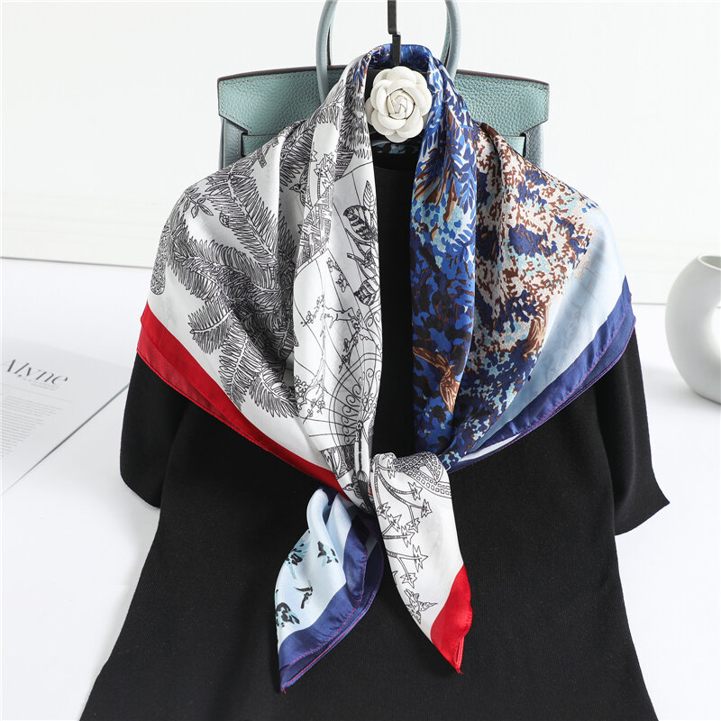 Атласный Шелковый квадратный шейный платок с цветочным принтом, Женская повязка на голову, сумка, шаль, тюрбан, платок 90 см