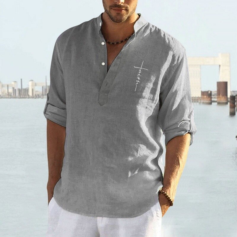Camisa de manga larga de lino para hombre, ropa Sexy con letras estampadas, Jersey informal, blusa con una hilera de botones, verano 2021