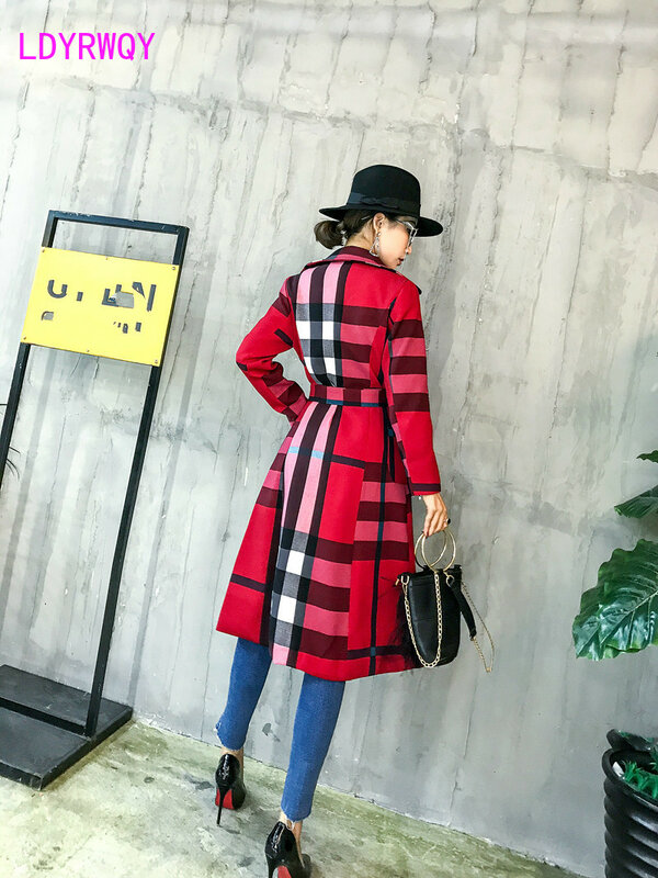 여성용 두꺼운 라펠, 긴 심플 컬러 매칭, 레트로 격자 무늬 코트, 기질 윈드브레이커, 가을 및 겨울 신상
