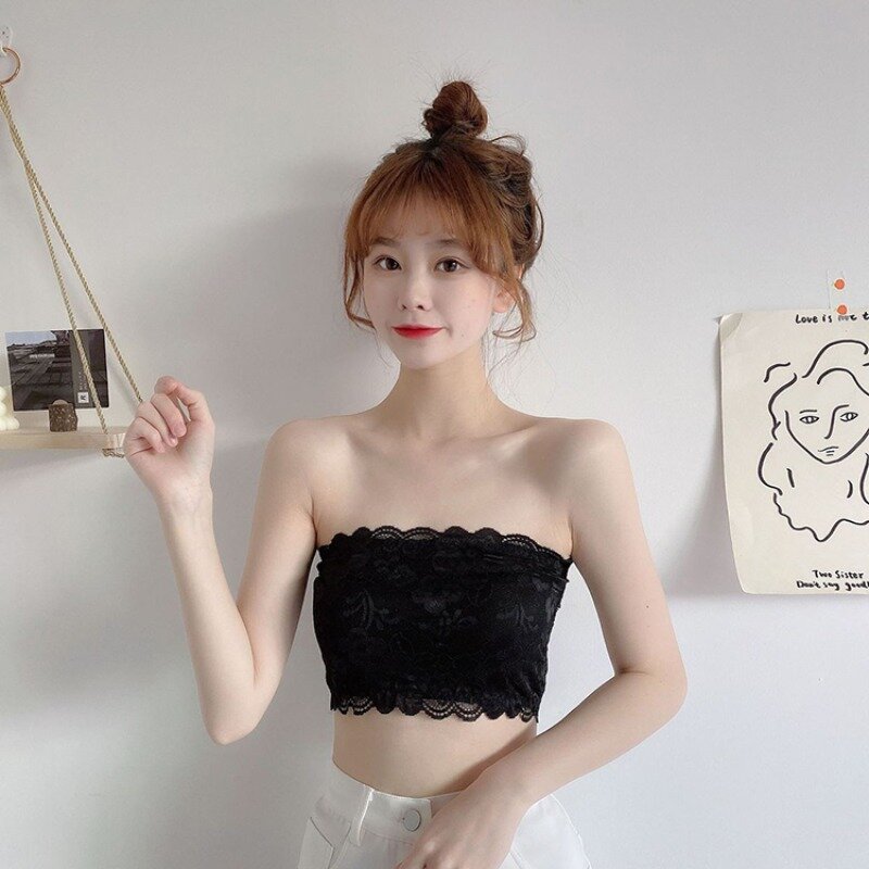 Women's Tube Top 2021 Summer New Korean Style Anti-Exposure Strapless Lace Underwear Push up Black Primer Wrapped Chest