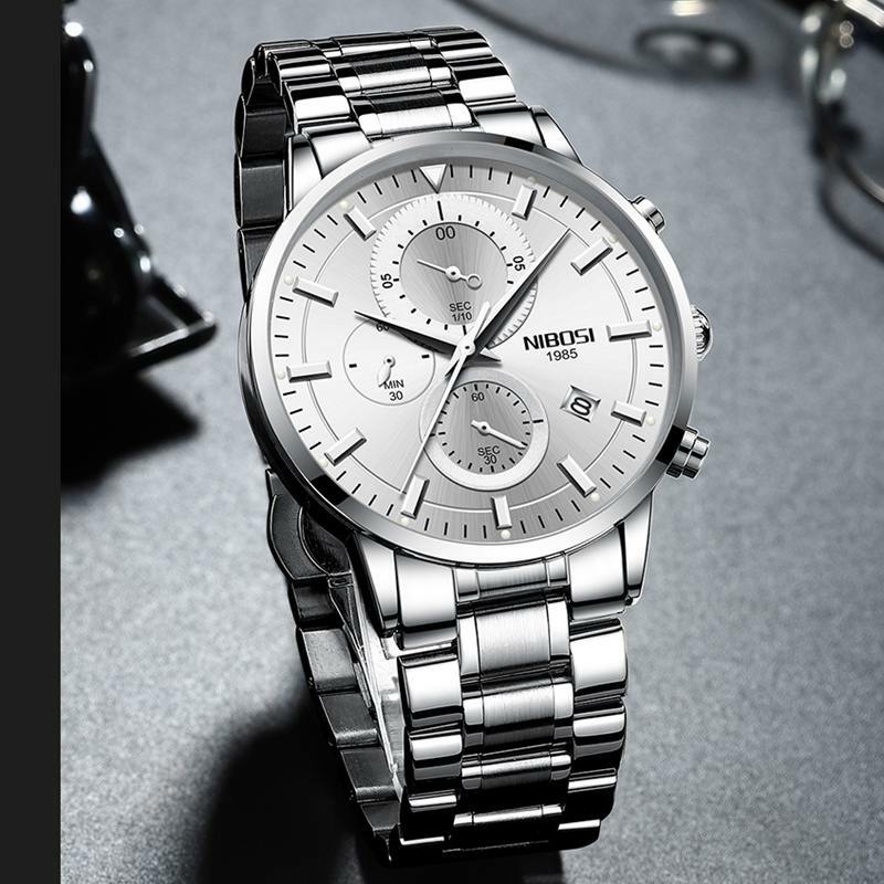 Часы наручные NIBOSI Мужские кварцевые, роскошные брендовые золотистые спортивные водонепроницаемые с хронографом и датой