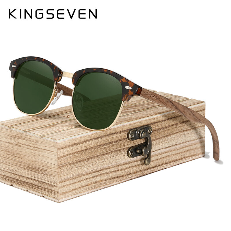 KINGSEVEN-레트로 패션 스타일 수제 블랙 월넛 나무 선글라스, 남성 여성 100% 편광 UV400 렌즈 세미 무테 안경