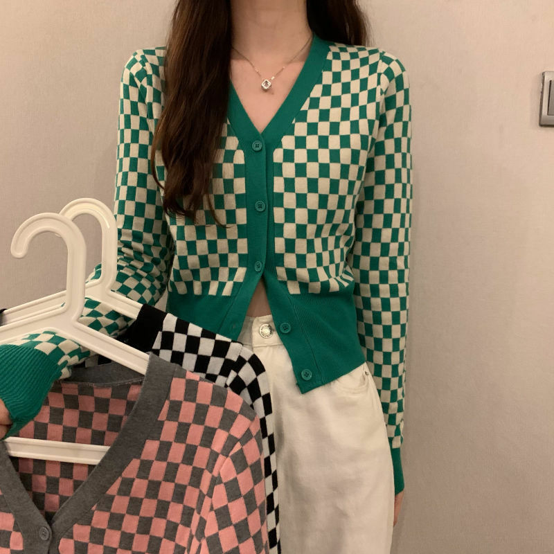 Retro feminino tricô cardigan senhora camisola malha v pescoço curto xadrez casaco outono inverno roupas femininas 2022 novo preto verde