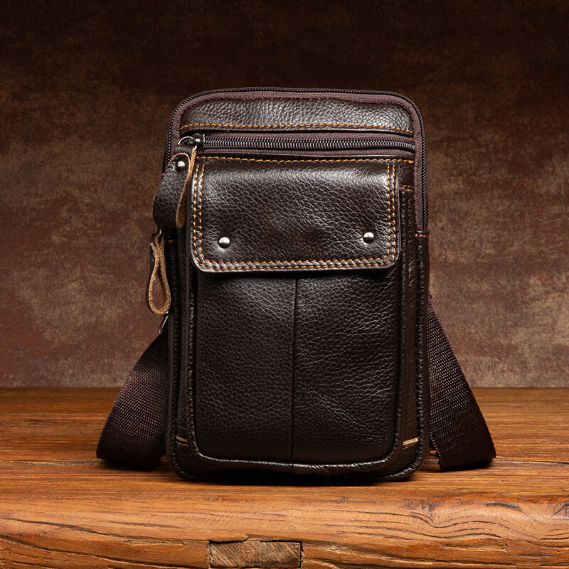 GO-LUCK Design Men 7' Mobile Phone Pouch Waist Bag Genuine Cowhide Leather Multiple Function Male Belt Cross Body Shoulder Bags