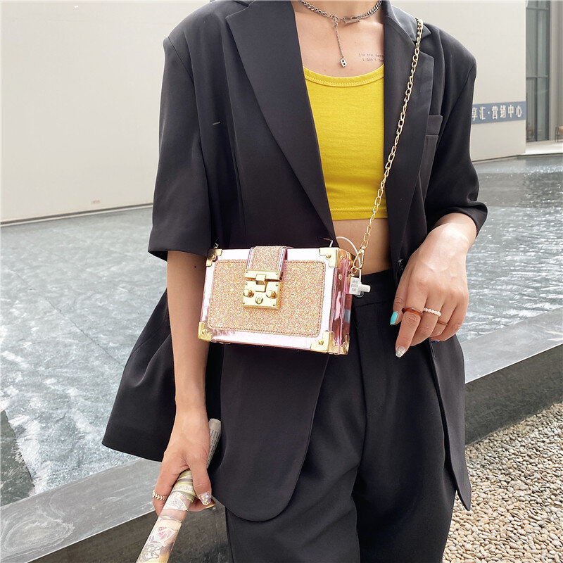 fashion Sequin crossbody bags for Women 2021 Trend Summer Leather Shoulder Bag Woman Luxury Designer Party Chain Box small Bag