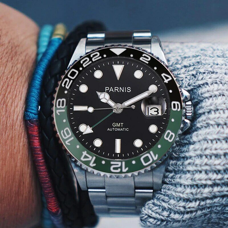 Parnis-relojes mecánicos con bisel verde y negro para hombre, pulsera de cristal de zafiro GMT verde, calendario automático con caja, 40mm, 2021