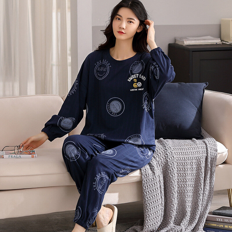 100% algodão penteado calças de manga comprida outono inverno novo pijamas conjunto multicolorido impresso senhoras pijamas de mujer