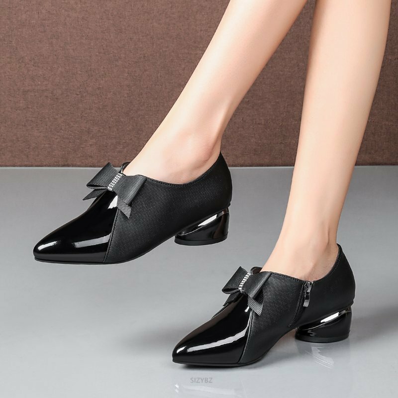 섹시한 펌프스 여성 신발, 버클 매듭 미드 힐, 봄/가을 특허 가죽 편안한 여성용 뾰족한 사무실 작업 지퍼 신발