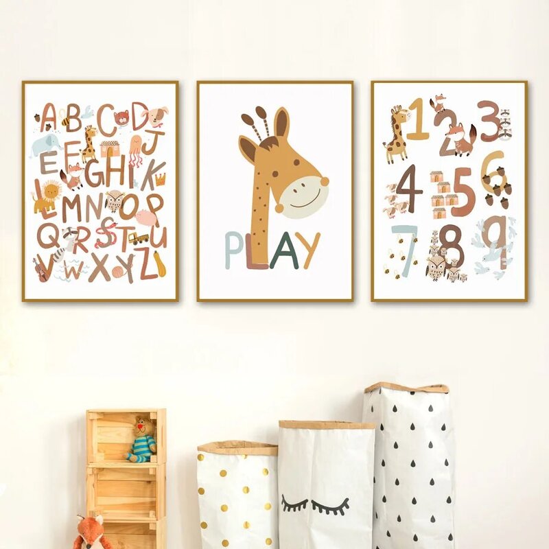 ตัวอักษรตัวเลขเล่น Giraffe Nursery Education Wall Art ภาพวาดผ้าใบ Nordic พิมพ์โปสเตอร์ภาพผนังเด็กตกแต่งห้อง