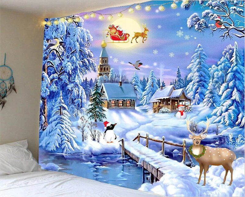 Arazzo di Natale Babbo Natale Pupazzo di neve Camera Decorazione natalizia Appeso in stoffa Tenda per dormitorio Ombra-A/_130 × 150 cm