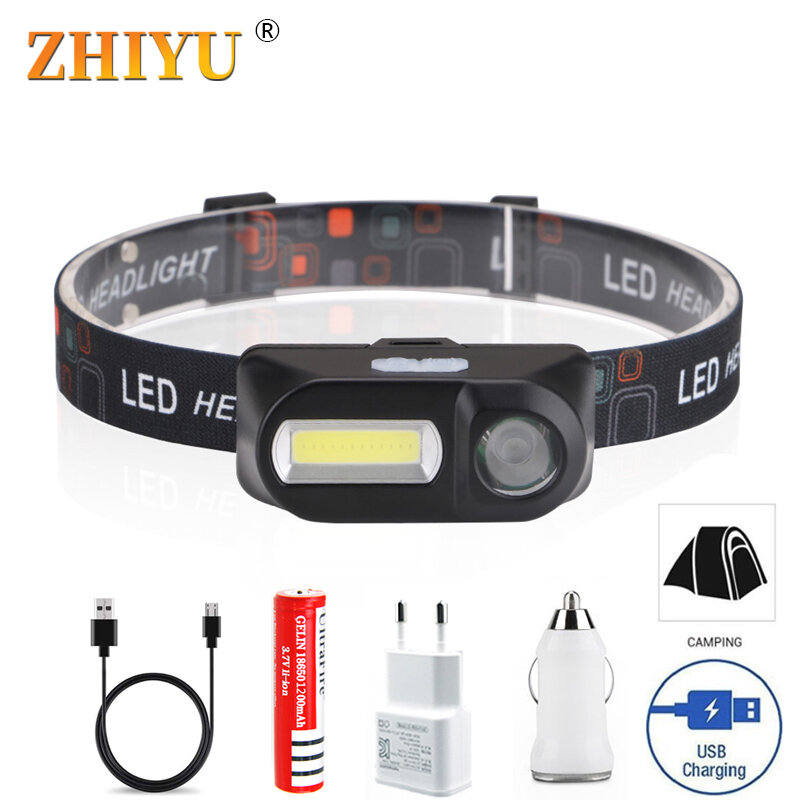 Zhiyu portátil mini lâmpada de cabeça q5 + cob led farol duplo interruptor 6 modos usb recarregável 18650 farol adequado para acampamento