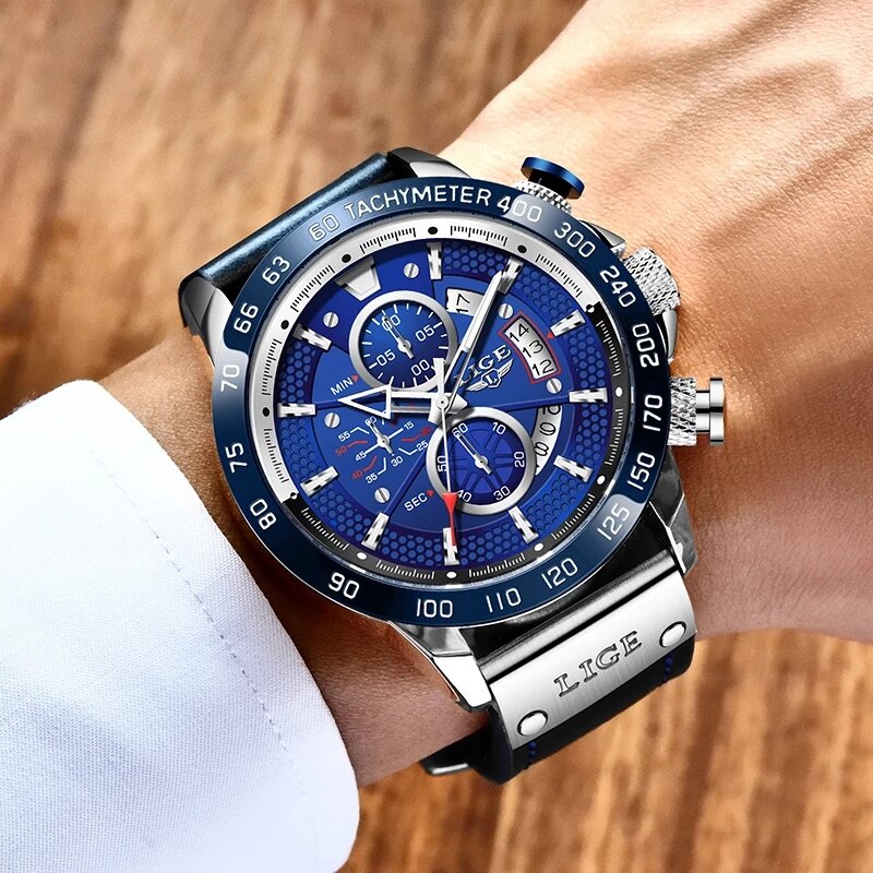 LIGE – montre classique en cuir bleu pour hommes, chronographe de luxe, militaire, étanche, à Quartz, sport décontracté
