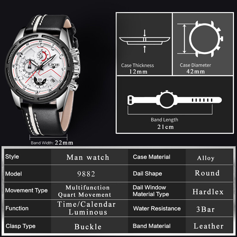 Reloj Relogio Masculino LIGE, reloj deportivo de cuarzo a la moda para hombres, relojes de cuero para hombres, relojes de marca superior de lujo a prueba de agua para negocios, reloj 2020