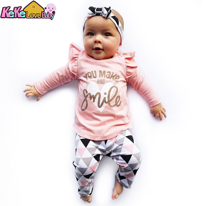 3Pcs Pasgeboren Baby Meisje Kleding Set Mode Herfst Katoen Brief T-shirt Broek Hoofdband Fall Peuter Baby Outfits Kleding Pak