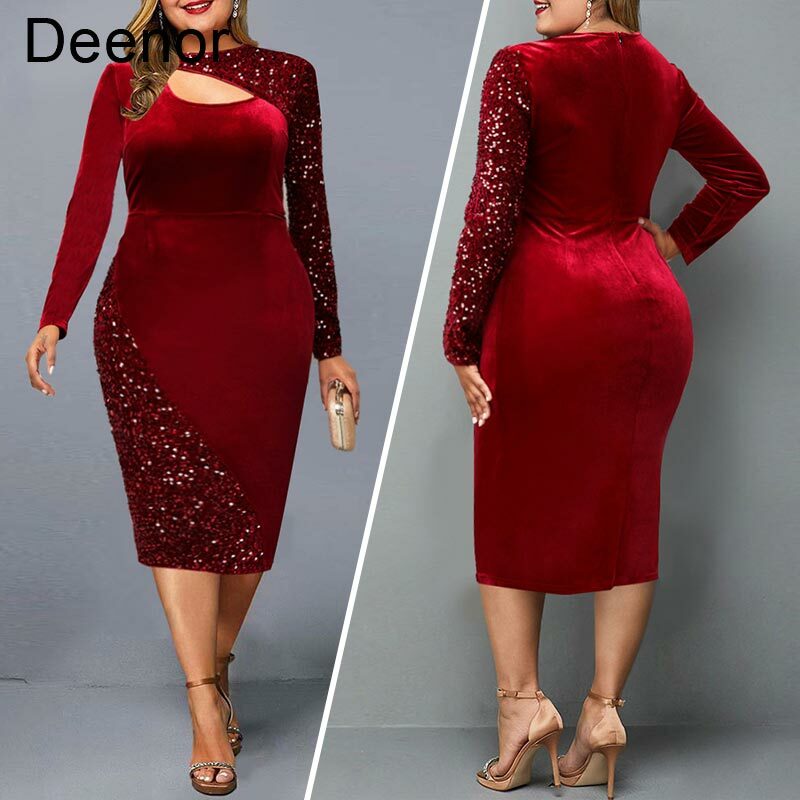 Deenor Plus Size Dress Sequin Stitched Velvet Dress Soild Hip Wrap Skirt Women's Dress for New Year 2022