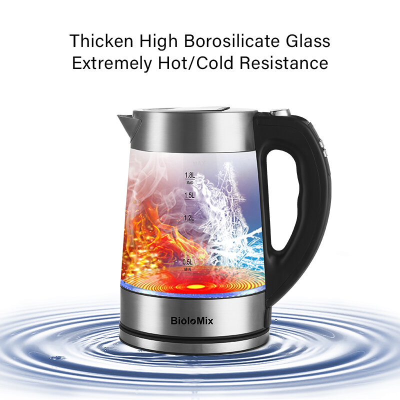 BioloMix 1.8L niebieskie jasne światło LED cyfrowy szklany czajnik 2200W herbata kawa czajniczek z regulacją temperatury i funkcją utrzymywania ciepła