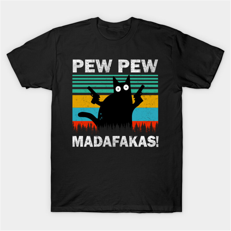 Pew Pew Madafakas พิมพ์เสื้อยืด Murderous สีดำแมวปืนตลกเสื้อแขนสั้น O-คอฮาโลวีน Streetwear Hip Hop Tee