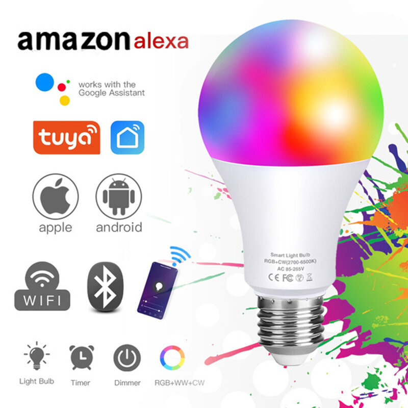インテリジェントled電球,20w rgbw,e27,rgb,カラー調光可能,wifi,bluetooth/ir,リモコン,家庭用照明