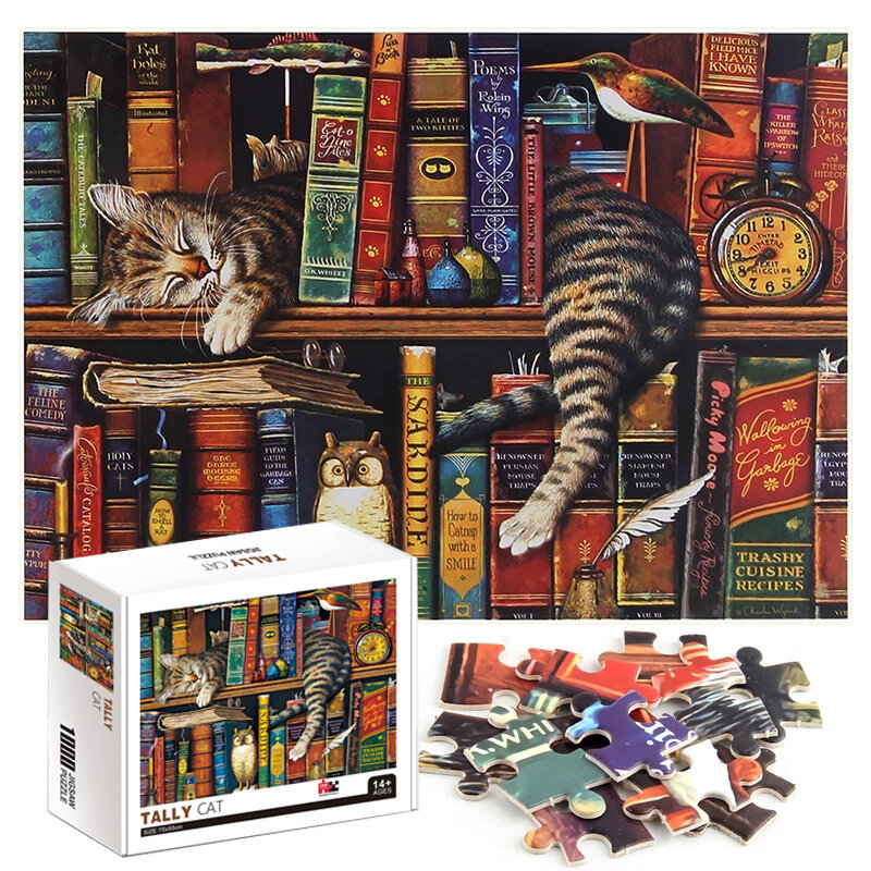 게으른 고양이 동물 퍼즐 1000 조각 퍼즐 퍼즐 책장 고양이 풍경 성인을위한 DIY 조립 완구 어린이 홈 게임 선물