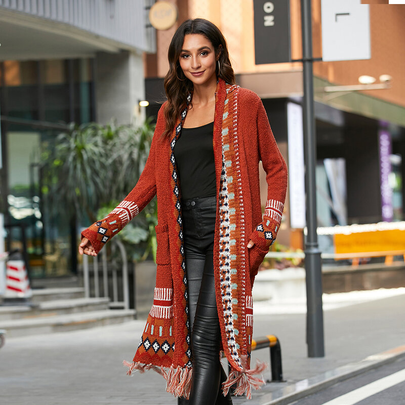 Cgyy casaco de malha de manga longa feminino, casaco estilo boho xadrez com franja e borla, moda primavera outono 2021, cor vermelha