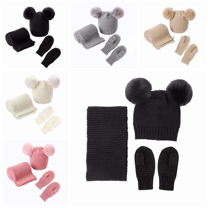Anak-anak Warna Solid Rajutan Topi Wol Sarung Tangan dan Syal Tiga Potong Set Mode Topi Crochet Hangat Bayi Headwear Alat Peraga Foto