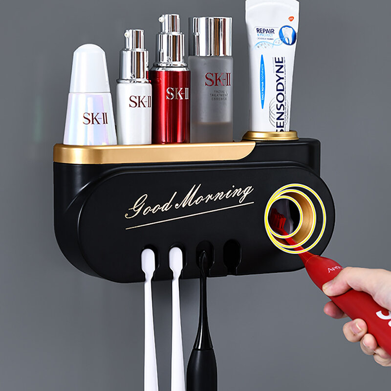 Multi-แขวนผู้ถือแปรงสีฟันยาสีฟันอัตโนมัติSqueezer Dispenserเครื่องสำอางค์อุปกรณ์ห้องน้ำชุดรายการบ้าน