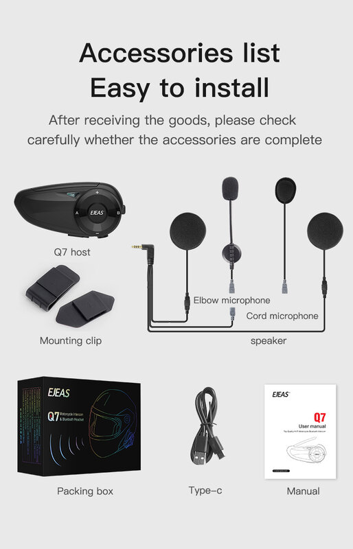 EJEAS – oreillette Bluetooth 5.0 Q7/Quick7 pour moto, appareil de communication pour casque, Intercom sans fil étanche pour 7 motocyclistes, kit mains-libres FM