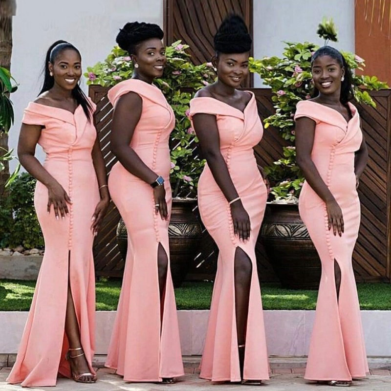 핑크 신부 들러리 드레스 2021 오프 숄더 아프리카 사이드 슬릿 인어 웨딩 파티 신부 들러리 가운, 버튼 맞춤 제작