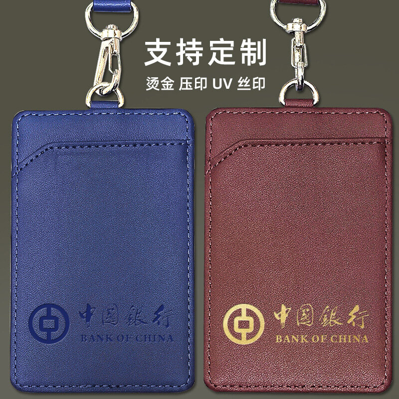 High Quality Cowhide Work Card Holder Business Card ID Badge Lanyard Clip Hot Vertical Cowhide ID Card Case