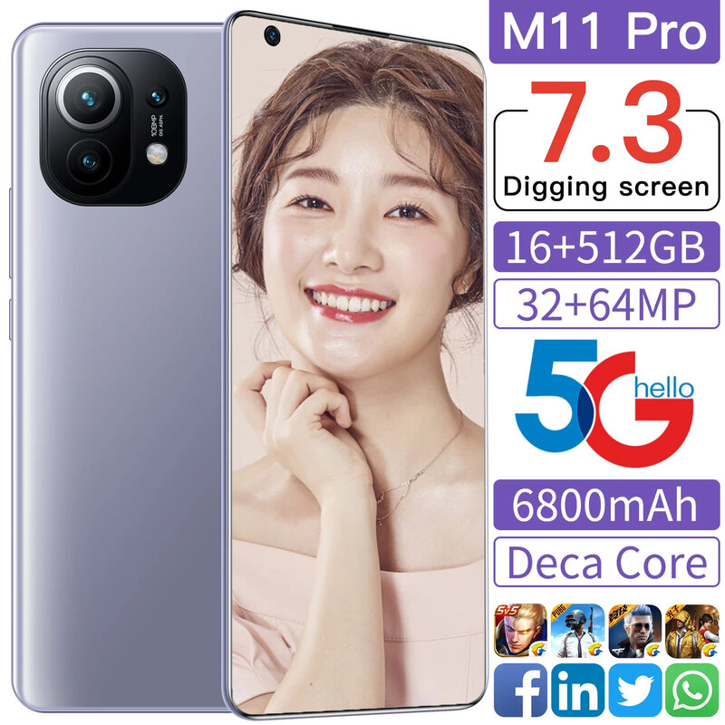 2021 New Arrived M11 Pro Global Version Smartphone 5G Network 7.3 Inch HD Screen 16G 512G 32MP 48MP Fingerprint Face Recognition