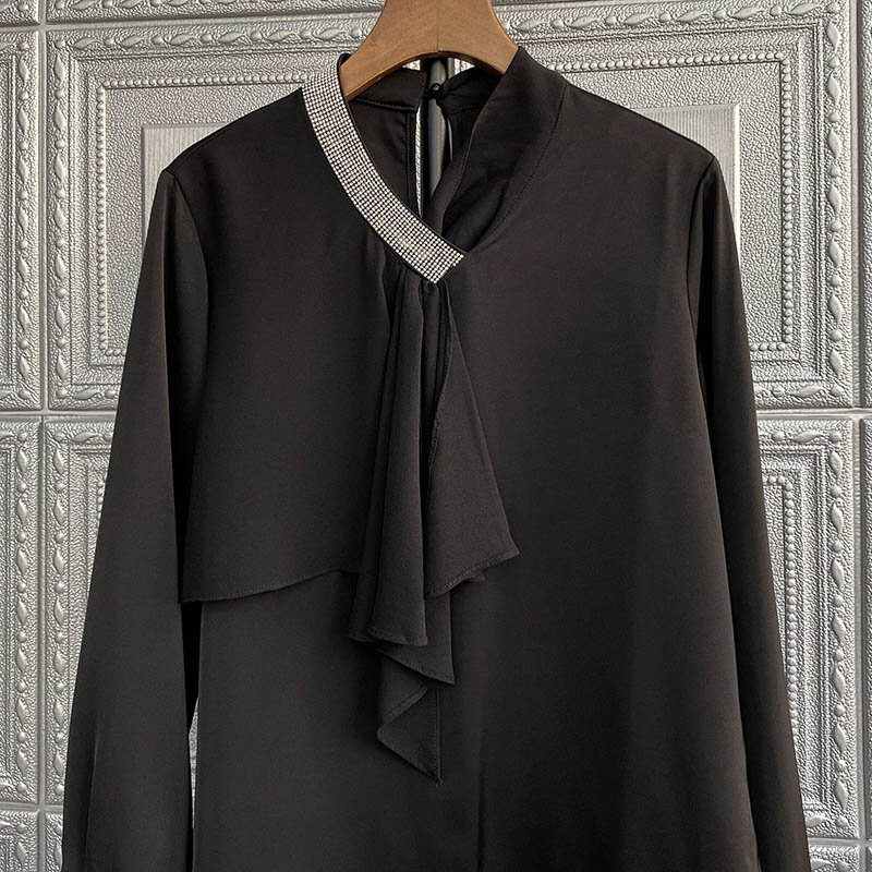 2021 primavera novo design sentido nicho preto tri-acetato camisa feminina ombro frio topos moda puff manga superior mulher topos