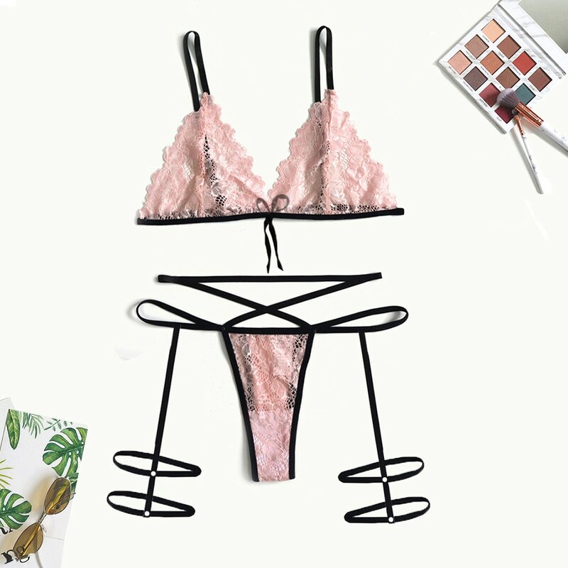 Lingerie sensual feminina, sutiã de renda com flor e calcinha, conjunto com 2 peças, body transparente roupa íntima para erótica