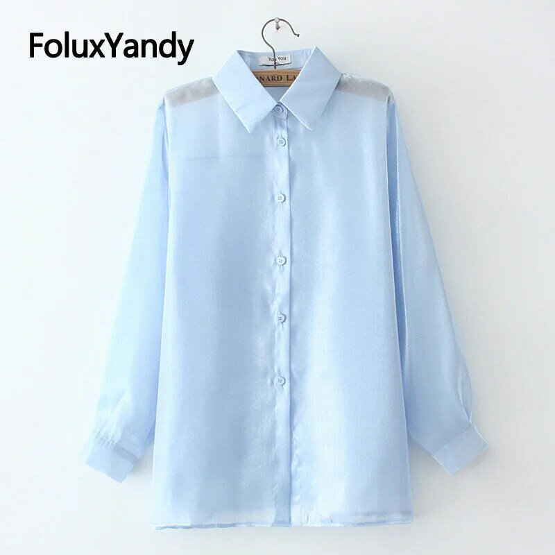 Camisa fina de manga larga para mujer, blusa informal transparente de talla grande, color sólido, XXXL, 4XL, KKFY5527
