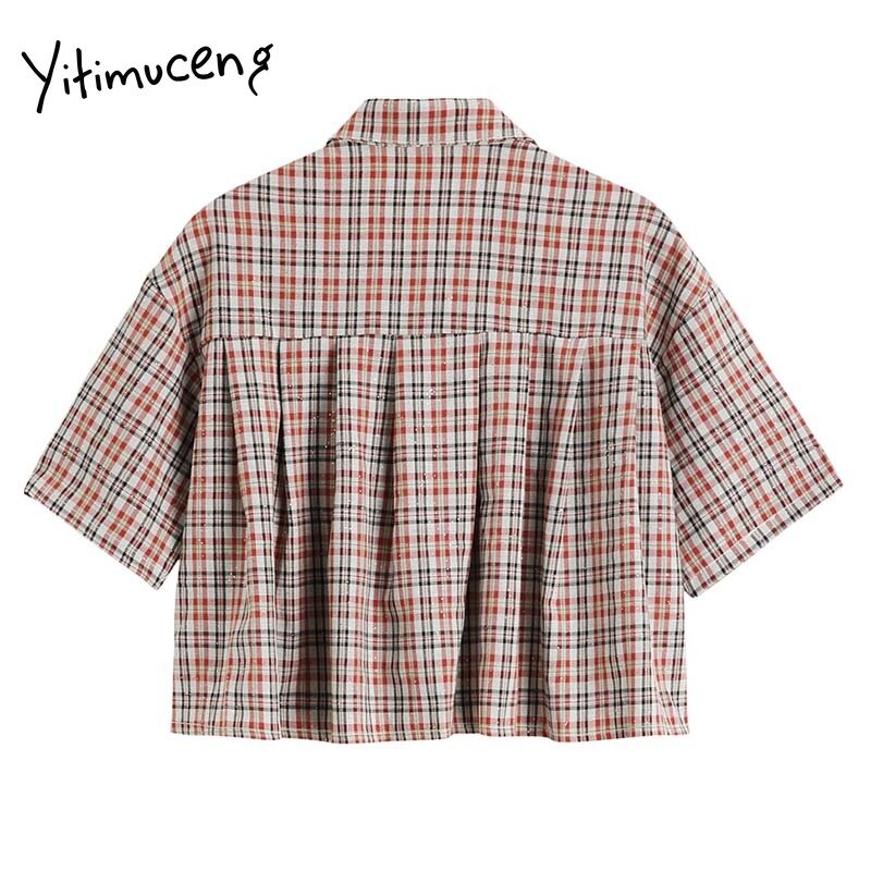 Yitimuceng vermelho xadrez blusa feminina vintage bolsos botão acima camisas em linha reta manga curta 2021 verão coreano moda nova topos