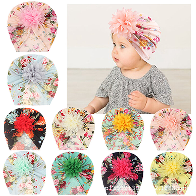 Gorro turbante con estampado para niños pequeños, a la piel suave y agradable, bonito gorro hecho a mano con flores para bebés, accesorios de decoración para fotos