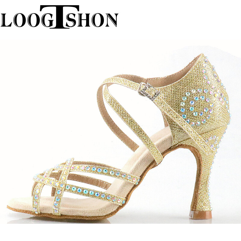LOOGTSHON-zapatos de baile de tango para mujer, calzado de baile latino, dorado