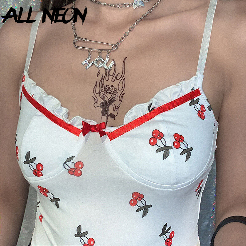 Allneon-body feminino de verão com estampa de cereja, roupa plissada, vintage, alça espaguete, costas abertas, corpo sexy, chique, roupa de balada 90s