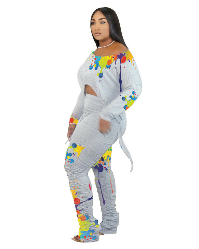 HAOOHU Plus Size odzież damska hurtownia dwuczęściowy zestaw Splash luźny Top ułożone leginsy zestawy jesień ubrania wiosenne miejskie