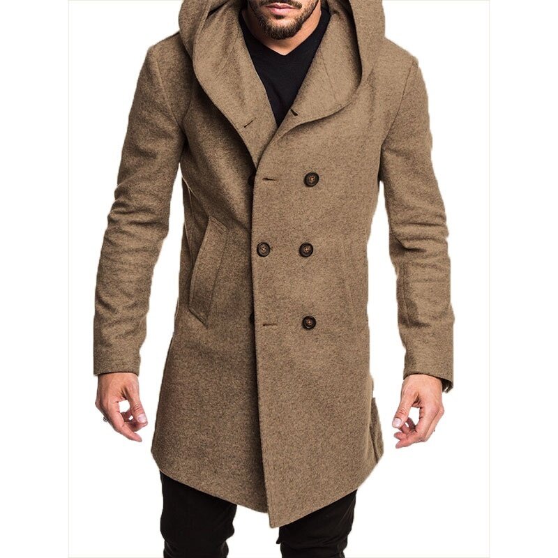2021Spring Autumn Men's Woolen Blends Warm Casual Hooded Coat Men's Asymmetrical Hem Trench British Style Slim Solid Overcoats