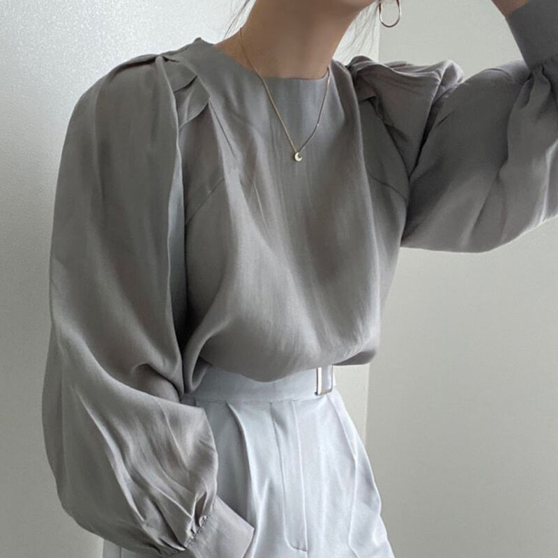 블라우스 2021 가을 신제품 한국 버전 프렌치 심플 라운드 넥 퍼프 슬리브 셔츠, 기질 캐주얼 솔리드 컬러 탑 패션