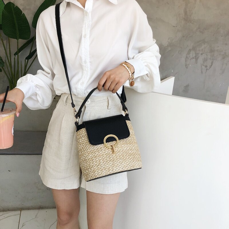 Casual Ketten Stroh Eimer Taschen Frauen Sommer Umhängetasche Rattan Taschen Strand Dame Reise Geldbörsen und Handtaschen Schulter Tasche Bolsa