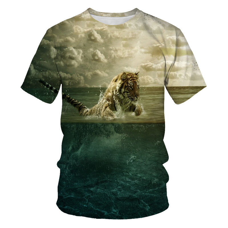 3DライオンプリントのメンズTシャツ,流行のラウンドネック半袖カジュアルTシャツ,特大のパンクTシャツ