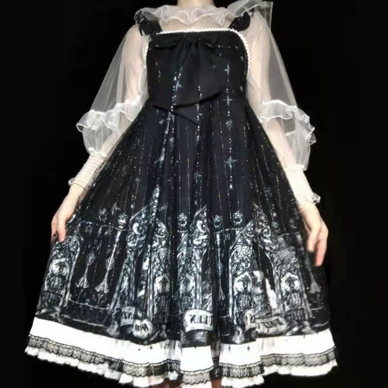 Japanese Gothic Jsk Lolita Dress Women Vintage Victorian Sleeveless Bow Princess Tea Party Dresses Girls Chic Print Lolita Dress