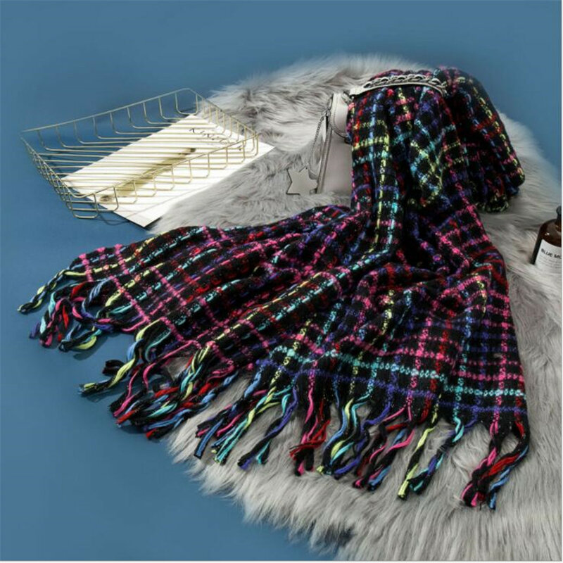 女性と女の子のためのタッセル付きチェックスカーフ,暖かい冬のスカーフ,カシミアのケープ,女性のための織りレインボーショール,毛布