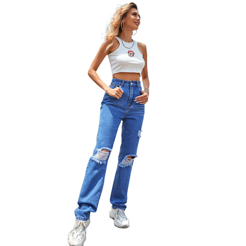 DIFIUPA – pantalon pour femme, Vintage, délavé, taille haute, Denim, Long, décontracté, ajouré, slim, peintures, passepoil, bleu