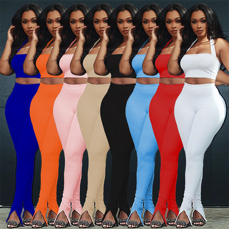 2021 Women Set Two Pieces Sets Outfits Lace-Up Halter Crop Top Skinny Stacked Leggings Pants Suit Casual Tracksuits Matching Set