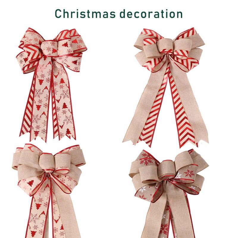 Christmas Bow Double-layer fine linen stitching striped bow Double-layer linen stitching maple bow Christmas tree decoration Bow