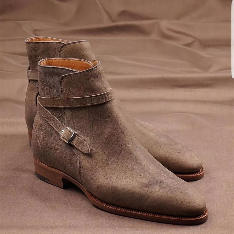 2021 New Men Shoes Fashion Casual All-match Dress Shoes Handmade Brown PU Belt Buckle Pointed Low Heel Ankle Boots 3KC579