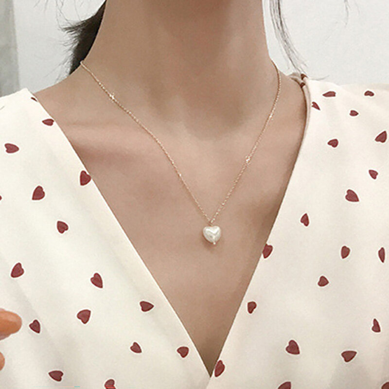 Милое жемчужное ожерелье для женщин, милое романтическое ожерелье в форме сердца, элегантная простая цепочка, ювелирные изделия в Корейско...