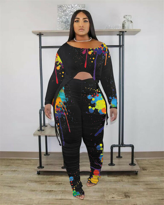 HAOOHU Plus Size Women Clothing Wholesale Two Piece Set Splash Loose Top Stacked Leggings Pants Sets Fall Spring Clothes Urban